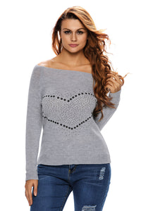 Sexy Grey Heart Shape Rhinestone Decor Off-shoulder Knit Sweater