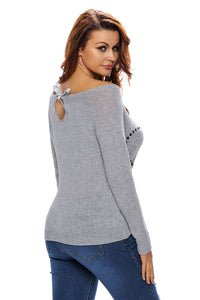 Sexy Grey Heart Shape Rhinestone Decor Off-shoulder Knit Sweater