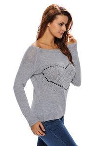 Sexy Grey Heart Shape Rhinestone Decor Off-shoulder Knit Sweater