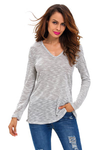 Sexy Grey Hooded V-Neck Long Sleeve Loose Knitted Top