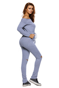 Sexy Grey Knee Cutout Long Sleeve Off Shoulder Jumpsuit