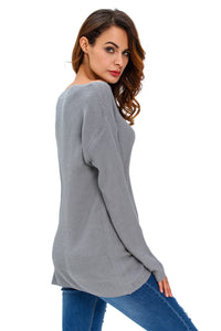 Sexy Grey Knitted Long Sleeve Plunge Jumper