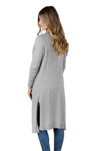 Sexy Grey Long Knitted Side Slit Open Cardigan