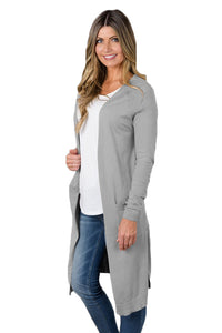 Sexy Grey Long Knitted Side Slit Open Cardigan