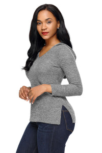Sexy Grey Long Sleeve Knit Hooded Top