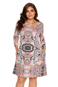 Sexy Grey Marsala Printed Crisscross Neck Curvy Dress