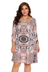 Sexy Grey Marsala Printed Crisscross Neck Curvy Dress