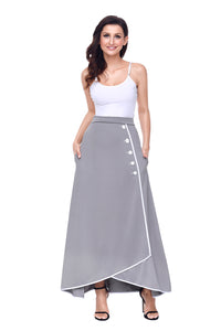 Sexy Grey Piped Button Embellished High Waist Maxi Skirt