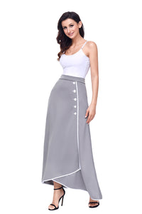 Sexy Grey Piped Button Embellished High Waist Maxi Skirt