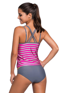 Sexy Grey Rosy Striped Strappy Two Piece Swimsuit