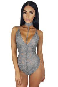 Sexy Grey Sheer Lace Choker Neck Teddy Lingerie