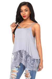 Sexy Grey Sheer Lace Hem Strappy Tank Top