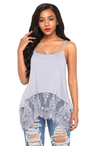 Sexy Grey Sheer Lace Hem Strappy Tank Top