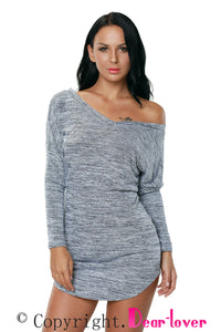 Sexy Grey Slouch Off Shoulder Long Sleeve Bodycon Dress