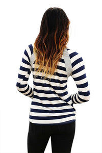 Sexy Grey Splice Accent Navy White Striped Long Sleeve Shirt