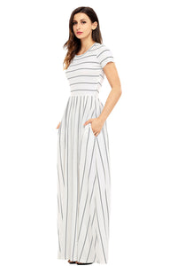 Sexy Grey Striped Ivory Short Sleeve Maxi Dress
