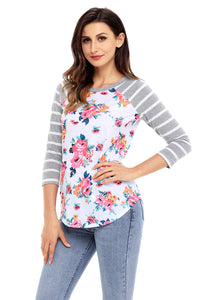 Sexy Grey Striped Sleeves White Floral Top