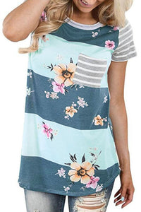 Sexy Grey White Colorblock Floral Striped Casual T-shirt