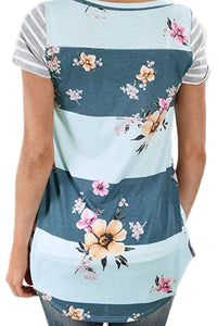 Sexy Grey White Colorblock Floral Striped Casual T-shirt