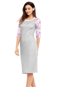 Sexy Grey White Stripe Floral Sleeve Midi Dress