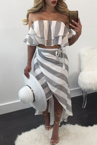 Sexy Grey and White Stripes Ruffled Top and Skirt