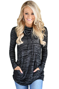 Sexy Heather Black Cozy Cowl Neck Drawstring Sweatshirt