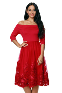 Sexy Hot Red Lacy Embroidery Tulle Skirt Skater Dress