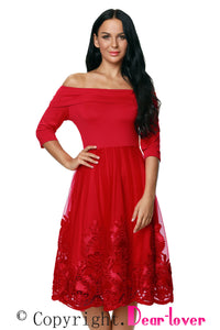 Sexy Hot Red Lacy Embroidery Tulle Skirt Skater Dress