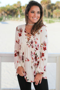 Sexy Ivory Floral Print Lace Up V Neck Sleeved Blouse