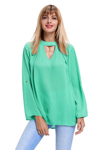 Sexy Jade Choker Cut out V Neck Blouse with Keyhole Back