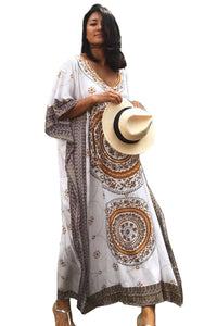 Sexy Khaki Bohemian Print Kaftan Maxi Dress