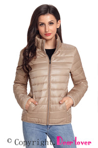 Sexy Khaki High Neck Quilted Cotton Jacket