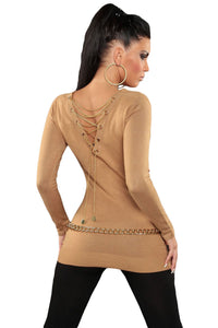 Sexy Khaki Knit V Neck Chain Lace up Back Sweater Top