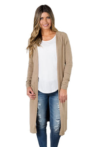 Sexy Khaki Long Knitted Side Slit Open Cardigan