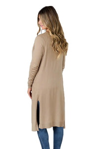 Sexy Khaki Long Knitted Side Slit Open Cardigan