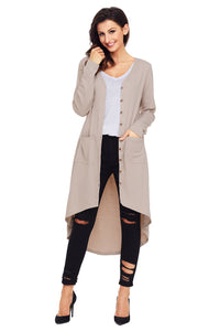 Sexy Khaki Ribbed Hi Low Long Cardigan with Pockets