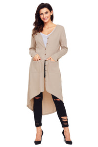 Sexy Khaki Ribbed Hi Low Long Cardigan with Pockets