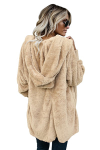 Sexy Khaki Soft Fleece Hooded Open Front Coat