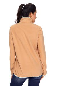 Sexy Khaki Stand Collar Buttons Fleece Pullover Top