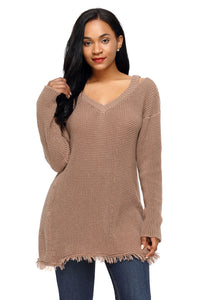 Sexy Khaki V Neck Waffle Knit Sweater