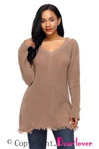 Sexy Khaki V Neck Waffle Knit Sweater