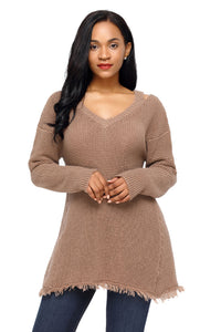 Sexy Khaki V Neck Waffle Knit Sweater