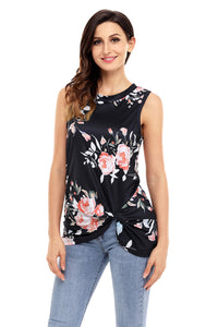 Sexy Knot Front Detail Black Floral Tank Top