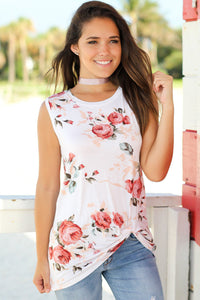 Sexy Knot Front Detail White Floral Tank Top