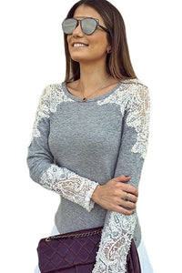 Sexy Lace Cutout Patchwork Grey Long Sleeve Top