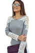 Sexy Lace Cutout Patchwork Grey Long Sleeve Top
