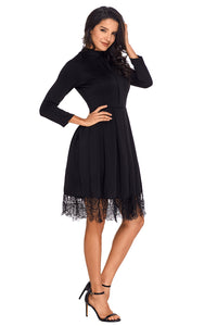 Sexy Lace Hemline Detail Black Long Sleeve Skater Dress