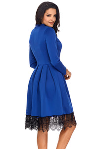 Sexy Lace Hemline Detail Royal Blue Long Sleeve Skater Dress