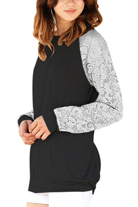 Sexy Lace Raglan Sleeve Black Casual Sweatshirt
