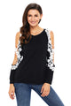 Sexy Lace Trim Cold Shoulder Black Long Sleeve Top